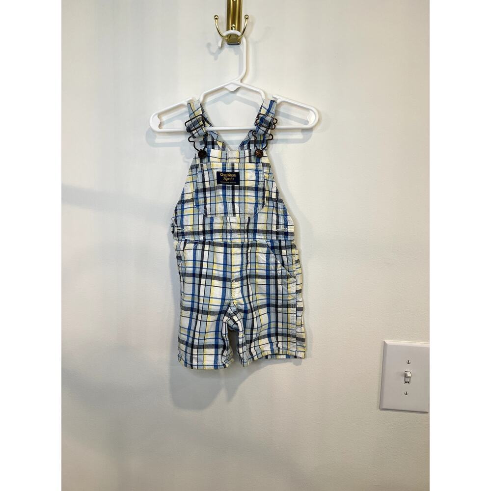 OshKosh B’gosh Baby Boy Overalls 12M Plaid Blue Yellow Shortalls Summer Toddler